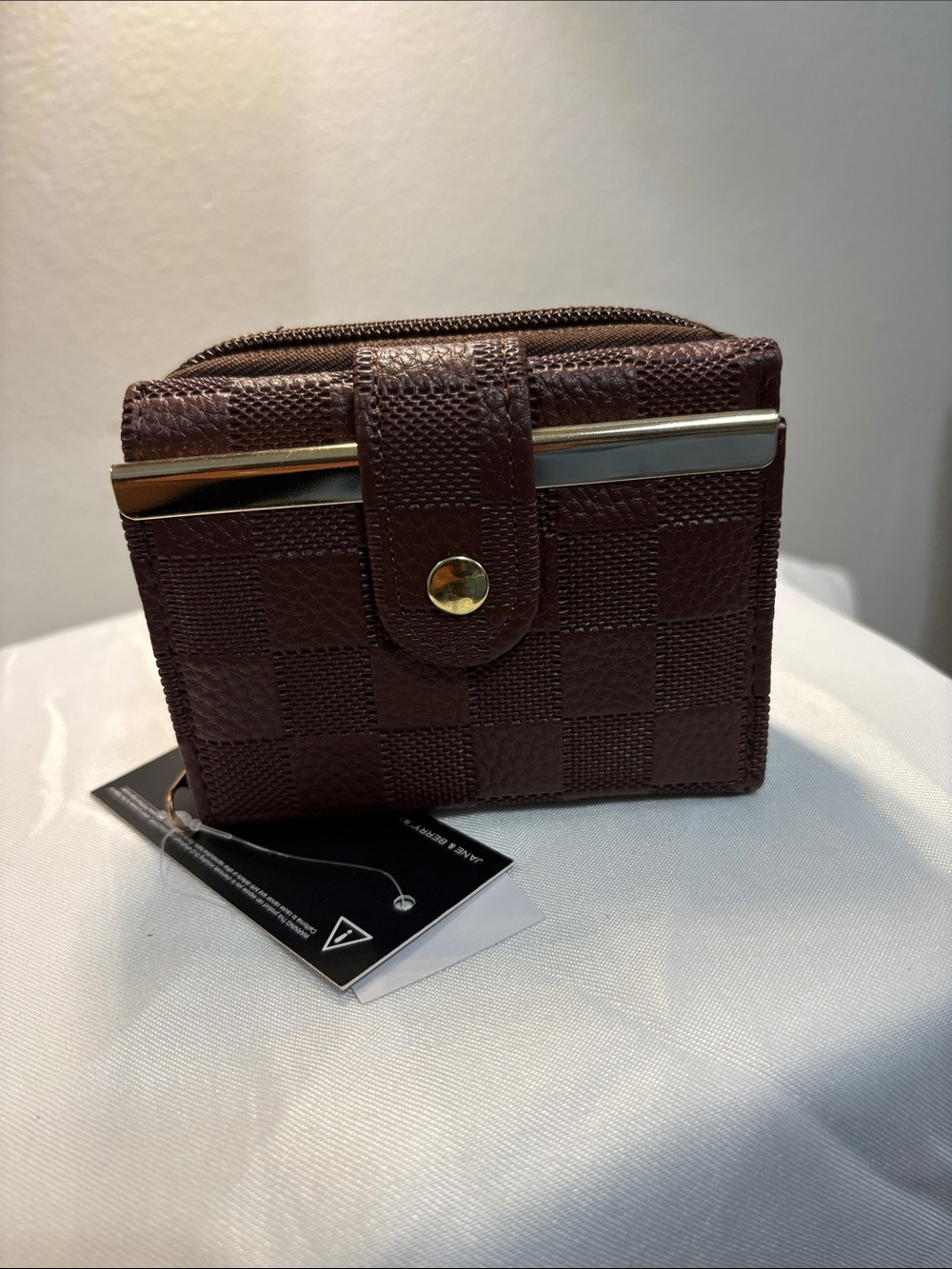 Men's Brown Check-Texture Wallet with Metal Accent